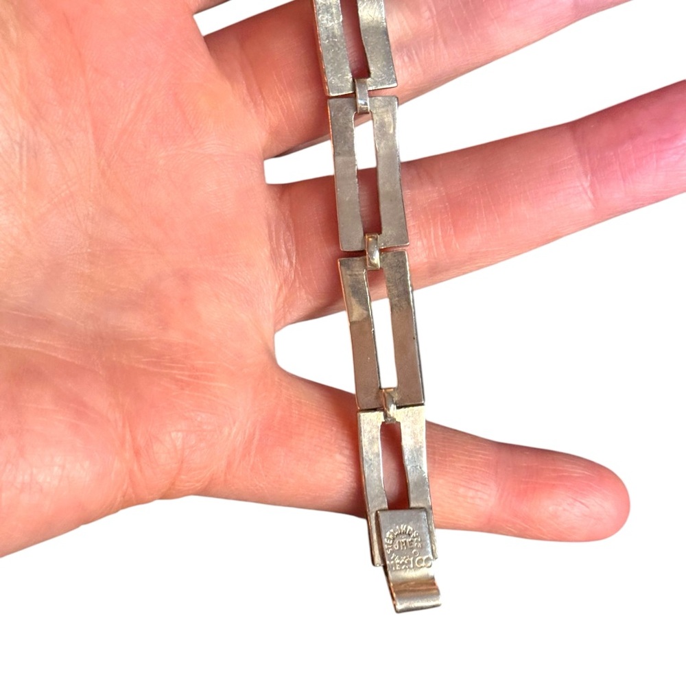 TAXCO MEXICO VINTAGE ABALONE INLAY STERLING SILVER MODERNIST 7" PANEL BRACELET - Picture 4 of 6